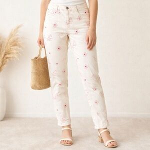 BLU-KEY Floral Print Jeans White Red Flower Straight Leg Cottagecore XL EU 44